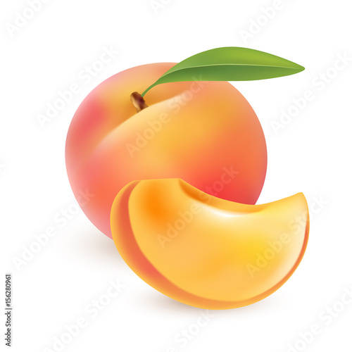 Ripe whole peach fruit with leaf isolated on white background. Realistic vector illustration.