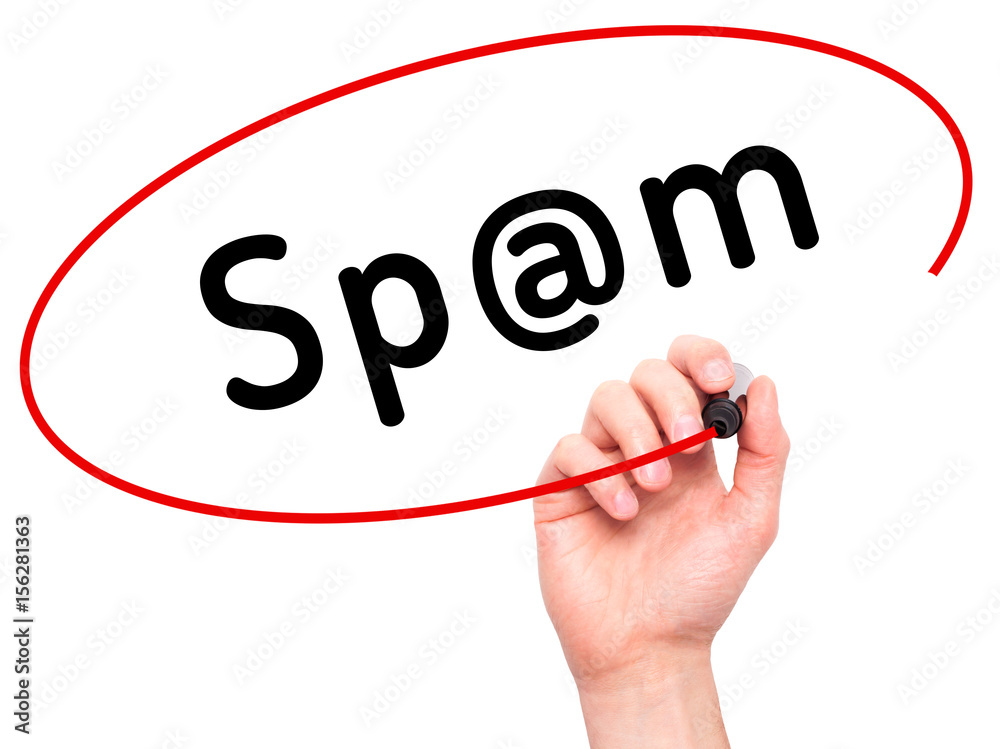 Man Hand writing Spam with black marker on visual screen Man Hand writing Spam with black marker on visual screen