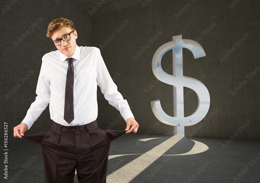 Young businessman with empty pockets in a dollar room Young businessman with empty pockets in a dollar room