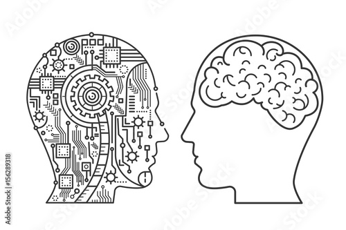 Outline stroke Machinery head of cyborg and the human one with the brain. Line style vector illustration.