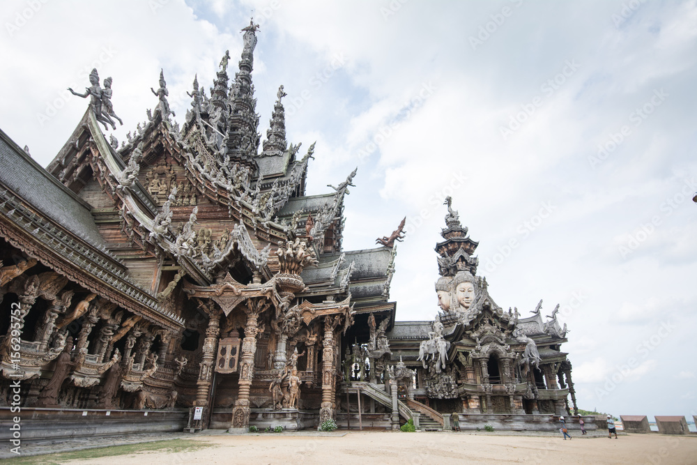 Naklejka premium Details of Sanctuary of Truth temple (Prasat Satchatham),handmade reliefs and sculptures, Pattaya, Thailand