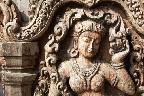 Details of Sanctuary of Truth temple (Prasat Satchatham),handmade reliefs and sculptures, Pattaya, Thailand