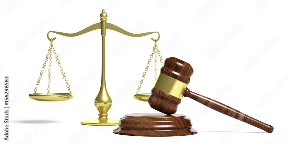 Judge gavel and justice balance scale on white background. 3d illustration Judge gavel and justice balance scale on white background. 3d illustration
