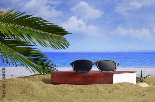 Summer vacation. Sunglasses and a book on a sandy beach. 3d illustration