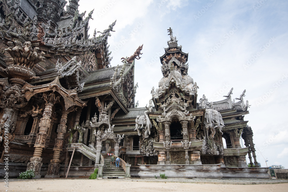 Details of Sanctuary of Truth temple (Prasat Satchatham),handmade reliefs and sculptures, Pattaya, Thailand