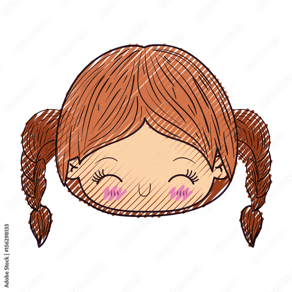 colored crayon silhouette of kawaii head little girl with braided hair and facial expression laughing vector illustration