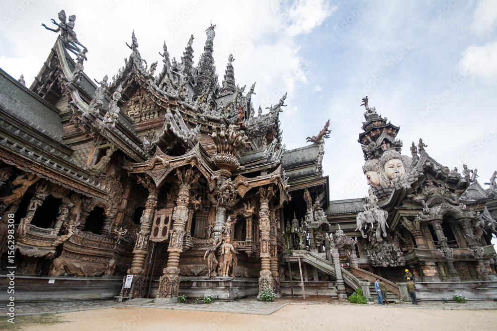 Naklejka premium Details of Sanctuary of Truth temple (Prasat Satchatham),handmade reliefs and sculptures, Pattaya, Thailand