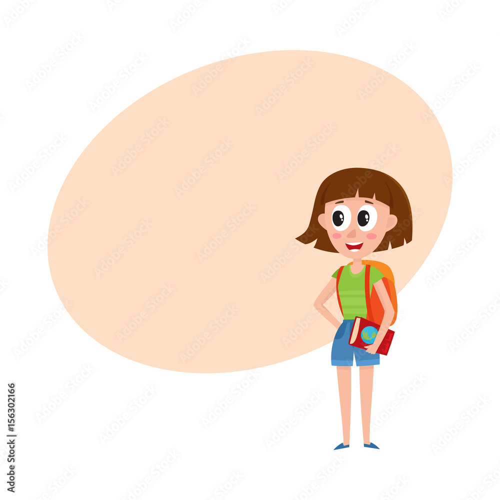 Young pretty woman, tourist with backpack and guide on vacation tour,  cartoon vector illustration with space for text. Full length portrait of  young woman, girl tourist on sightseeing tour Stock Vector |