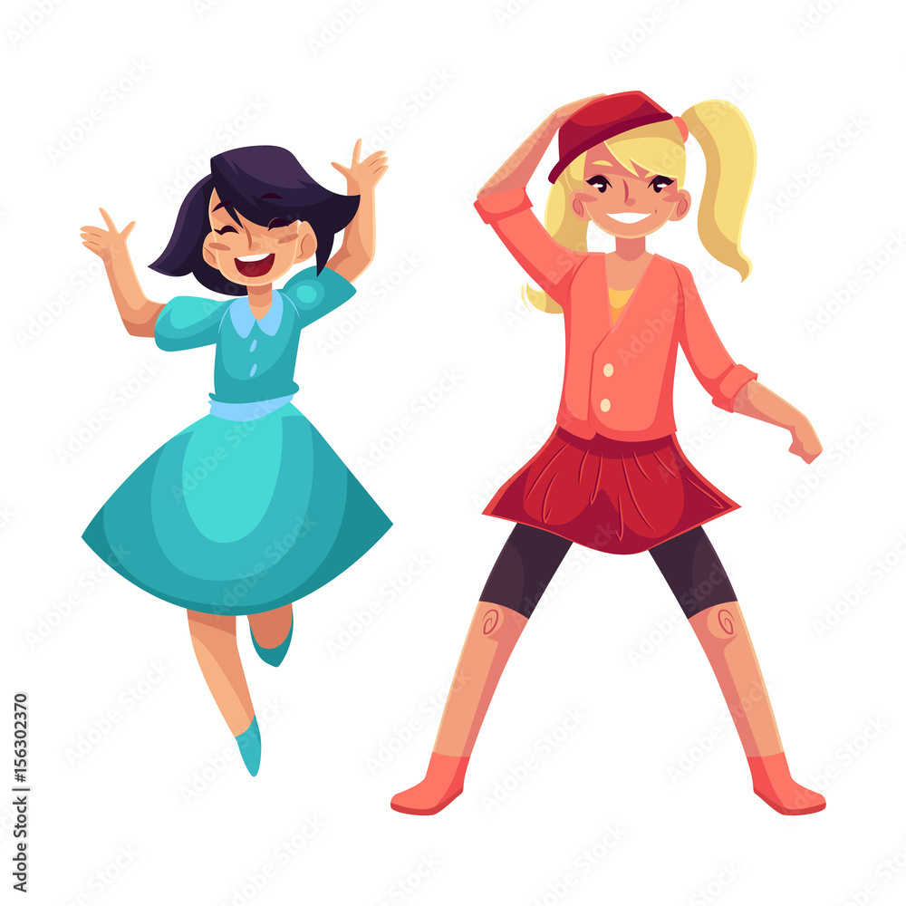 Two girls dancing at party, one in blue dress, another wearing skirt and  leggings, cartoon vector illustration isolated on white background. Happy  girls dancing, having fun at a kids party Stock Vector |