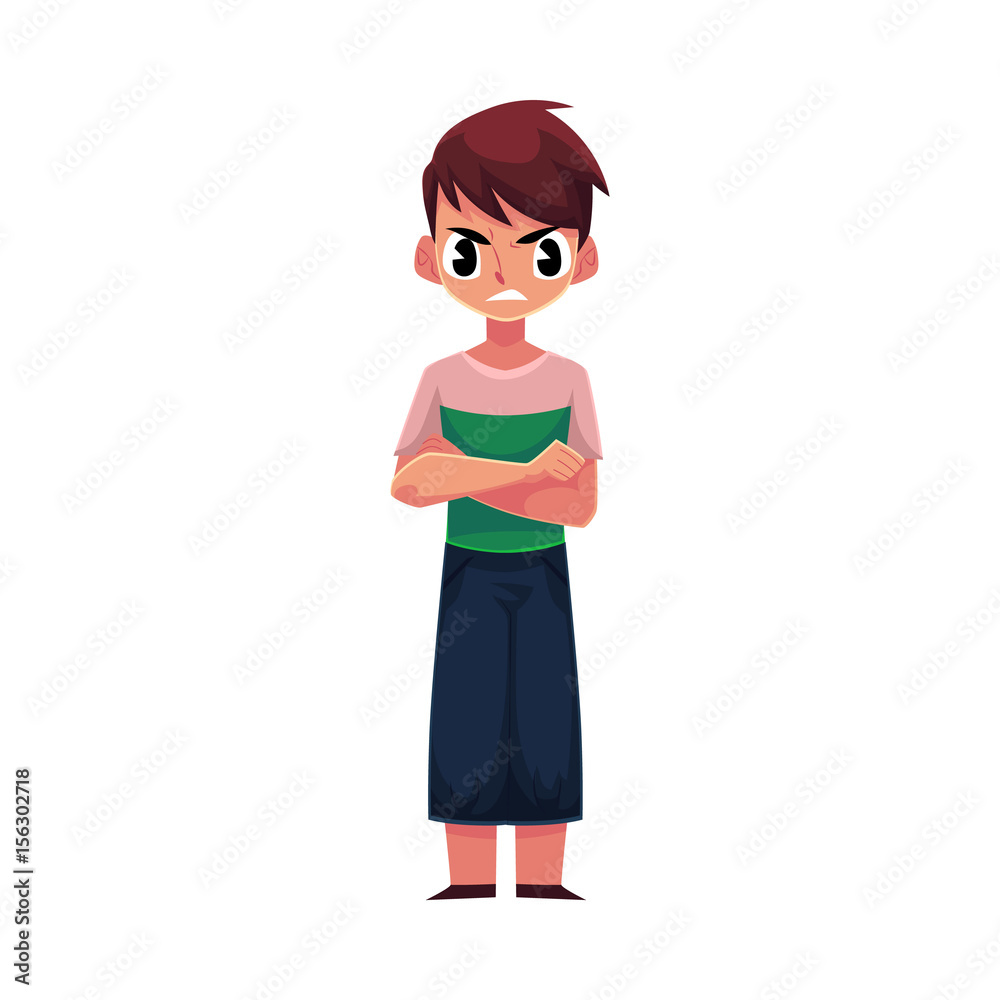 Little boy, child in casual clothes standing with frowned, angry face expression, cartoon vector illustration on white background. Frowning, irritated, angry boy standing with arms crossed on breast Little boy, child in casual clothes standing with frowned, angry face expression, cartoon vector illustration on white background. Frowning, irritated, angry boy standing with arms crossed on breast