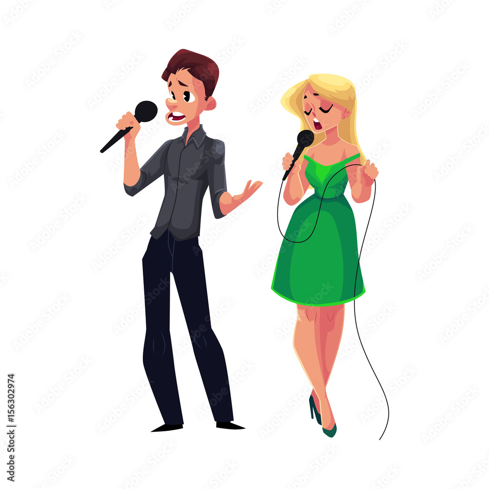 Man and woman singing in duet, karaoke party, contest, competition ...