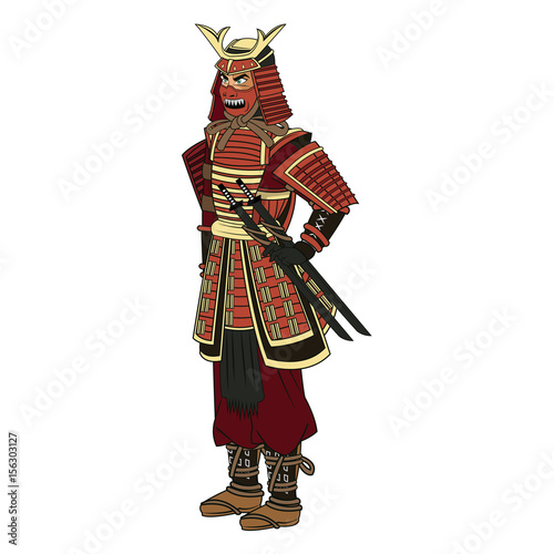 animation samurai man to ancient clothes. wearing armor helmet mask warrior vector illustration