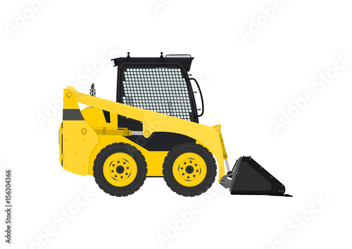Yellow skid steer loader. Side view. Flat vector.
