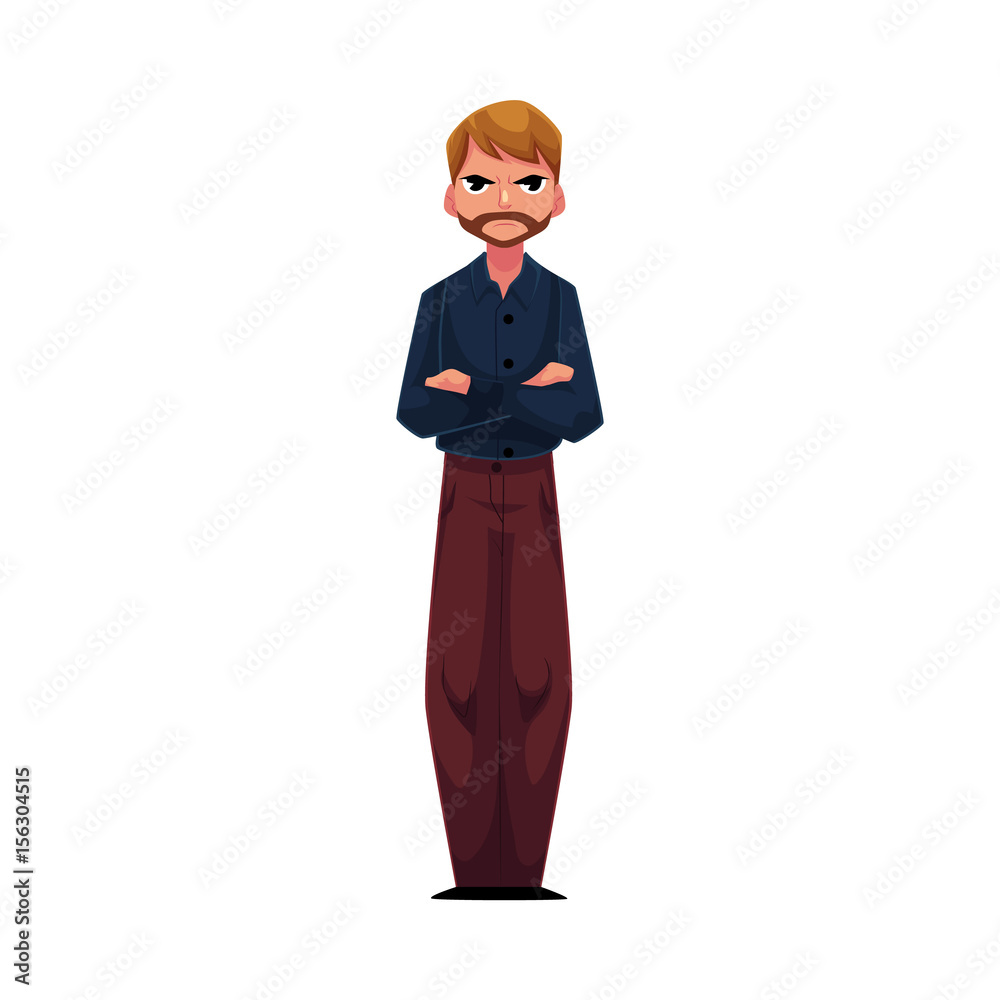 Young man in casual clothes standing with frowned, angry face expression,  cartoon vector illustration on white background. Frowning, irritated, angry  man standing with arms crossed on breast Stock Vector | Adobe Stock