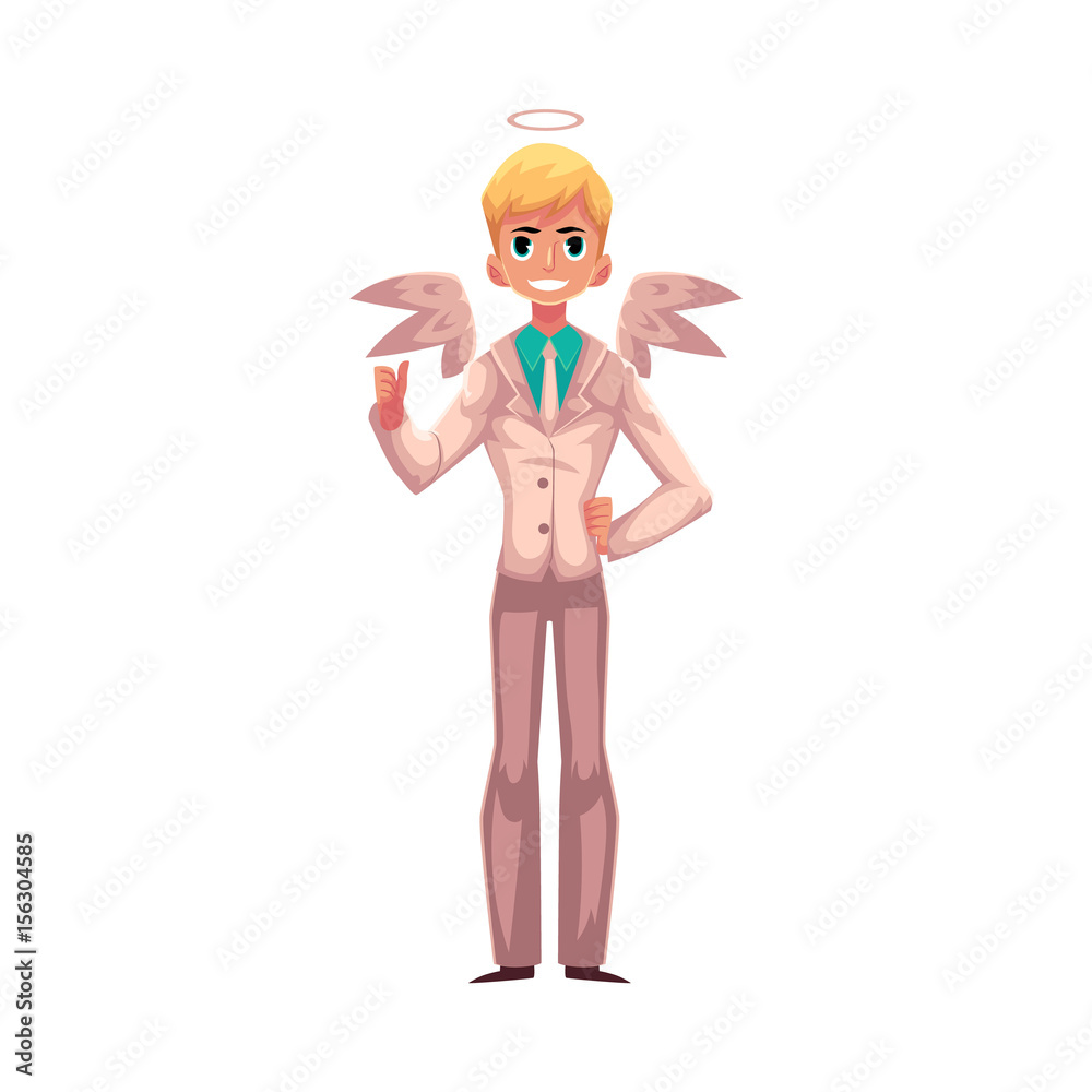 Handsome man dressed as angel in business suit with wings and halo, cartoon vector illustration isolated on white background. Male angel character, Halloween costume, right business decision concept Handsome man dressed as angel in business suit with wings and halo, cartoon vector illustration isolated on white background. Male angel character, Halloween costume, right business decision concept
