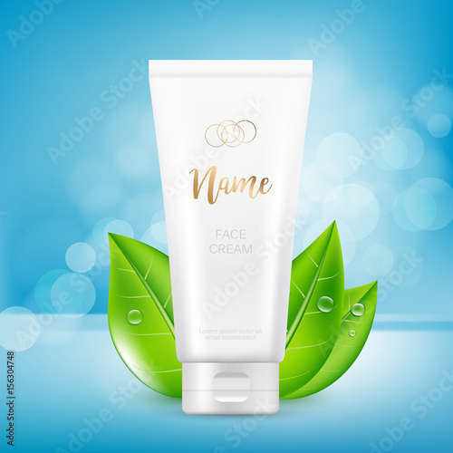 Vector design of cosmetic package advertising template for hand or face cream. Mock up tube on blue background with bokeh.
