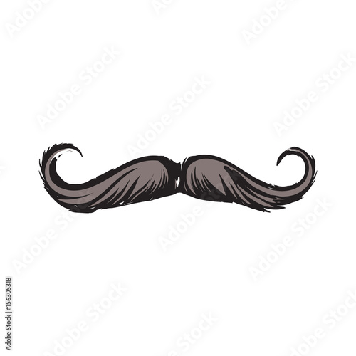 Human hipster curled up mustache, decoration element, sketch style vector illustration isolated on white background. Realistic isolated hand drawing of human hipster style mustache
