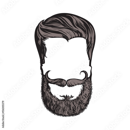 Hand drawn hipster hairstyle, beard and mustache, sketch style vector illustration isolated on white background. Hand drawing of hipster hair, beard and whiskers, logo design