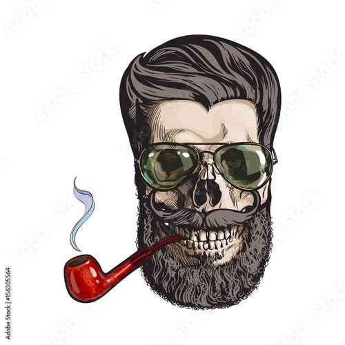 Human skull with hipster beard, wearing aviator sunglasses, smoking pipe, sketch vector illustration isolated on white background. Hand drawing of human skull with hipster hair, beard and whiskers
