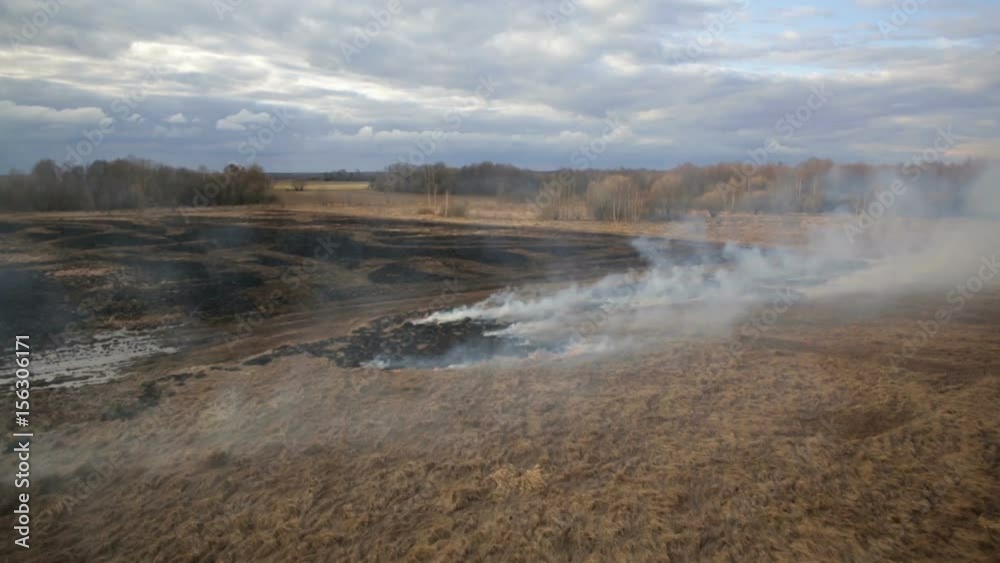 Aerial view of dry grass burning on the farmland Aerial view of dry grass burning on the farmland