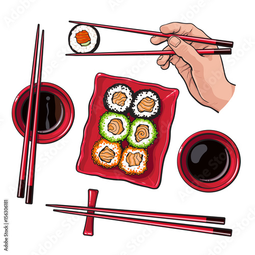 Japanese sushi set, serving plate, hand holding chopsticks, sketch vector illustration isolated on white background. Sushi serving plate, hand with chopsticks, soy sauce bowls, Japanese cuisine