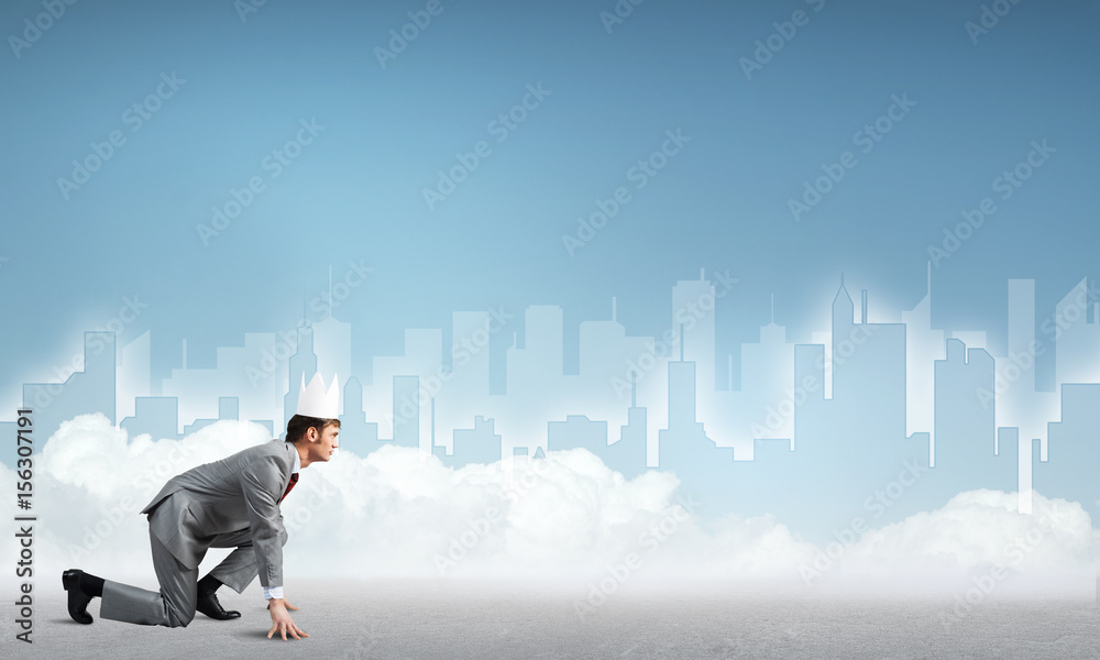 King businessman in elegant suit running and blue cityscape silhouette at background King businessman in elegant suit running and blue cityscape silhouette at background