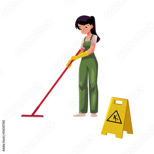 Cleaning service girl, charwoman, cleaner in overalls holding mop, cartoon vector illustration isolated on white background. girl washes the floor with a MOP next to a warning sign, slippery floor