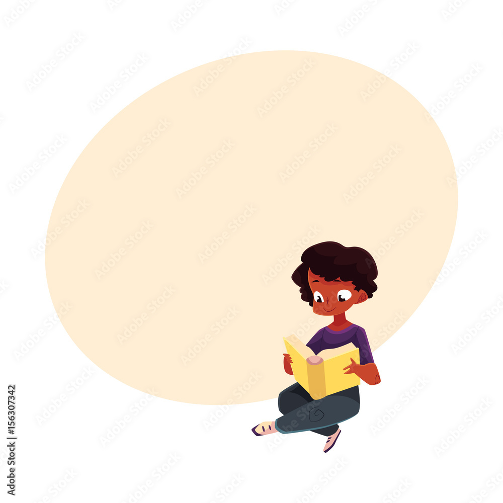 Little black, African American boy, kid reading book sitting with crossed  legs on the floor, cartoon vector illustration with space for text. Black,  African boy, kid reading book sitting Stock Vector |
