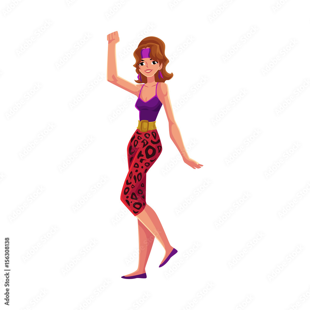 Girl, woman in 80s style aerobics outfit, leopard leggings and head band, sport dance workout, cartoon vector illustration isolated on white background. Retro style girl, woman, aerobic workout Girl, woman in 80s style aerobics outfit, leopard leggings and head band, sport dance workout, cartoon vector illustration isolated on white background. Retro style girl, woman, aerobic workout