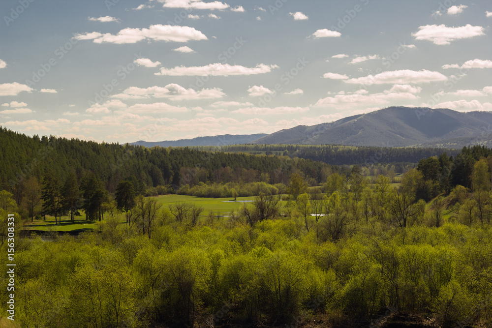 landscape with forest on the background of the Ural mountains on a clear Sunny day