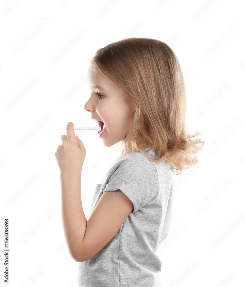 Small ill girl with spray, isolated on white Small ill girl with spray, isolated on white
