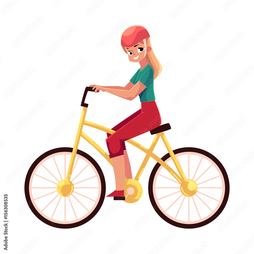 Young pretty blond woman, girl riding a bicycle, cycling, cartoon vector illustration isolated on white background. Full length, side view portrait of young long haired woman riding a bicycle, cycling Young pretty blond woman, girl riding a bicycle, cycling, cartoon vector illustration isolated on white background. Full length, side view portrait of young long haired woman riding a bicycle, cycling