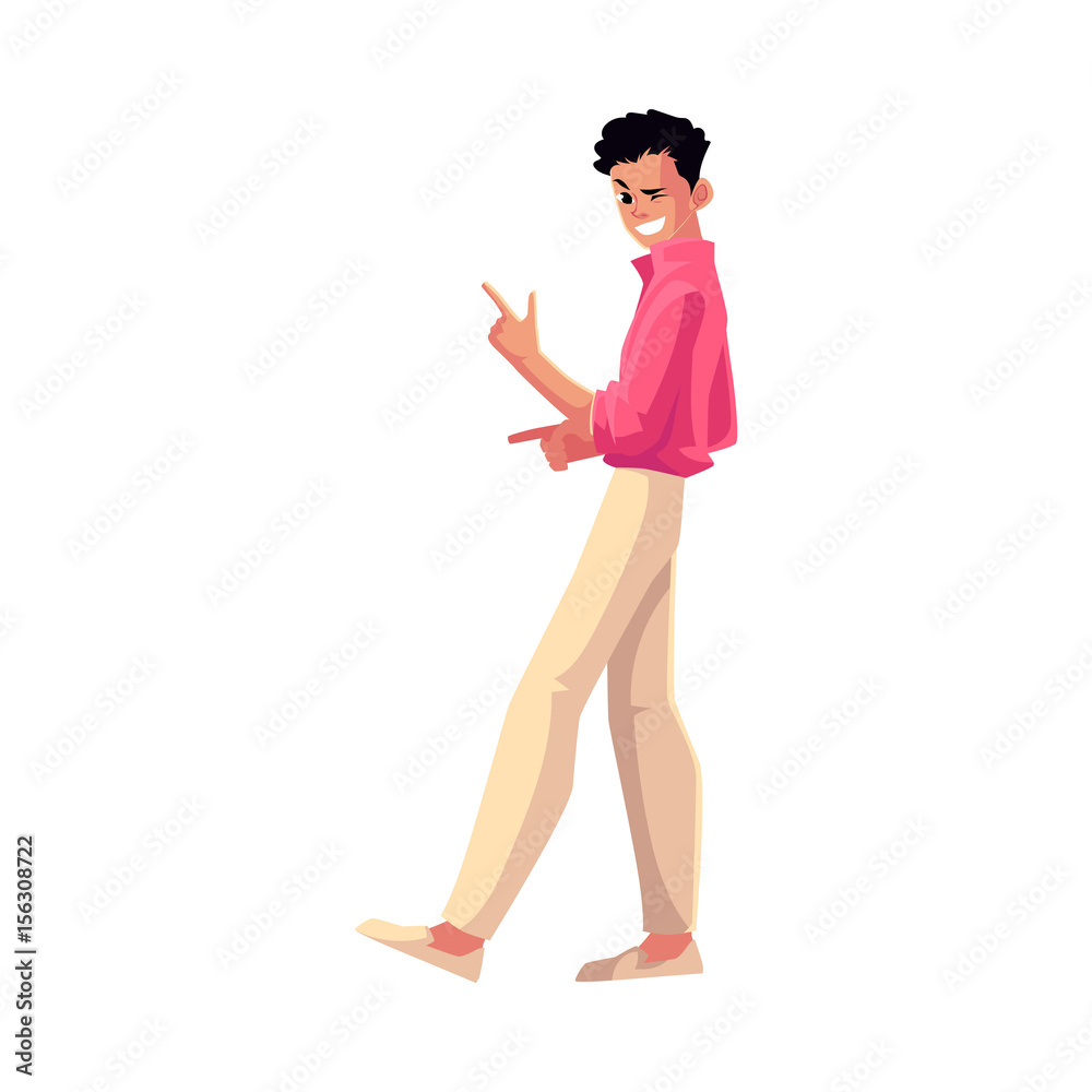 Man, guy in 1980s style clothes winking, dancing disco, cartoon vector illustration isolated on white background. Full length portrait of man in 80s style clothing dancing at retro disco party Man, guy in 1980s style clothes winking, dancing disco, cartoon vector illustration isolated on white background. Full length portrait of man in 80s style clothing dancing at retro disco party