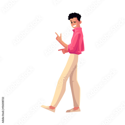 Man, guy in 1980s style clothes winking, dancing disco, cartoon vector illustration isolated on white background. Full length portrait of man in 80s style clothing dancing at retro disco party