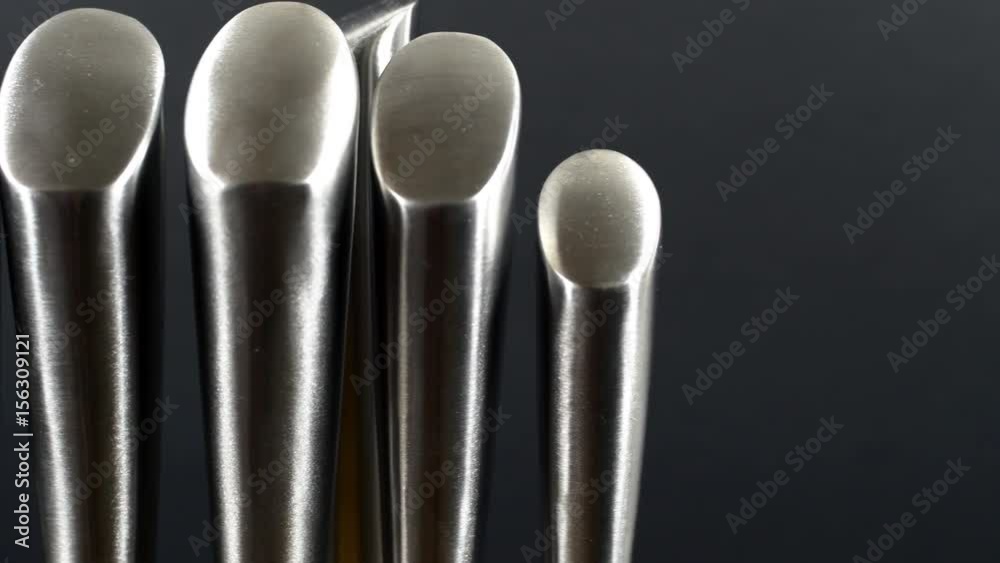 Pan Over The Stainless Steel Handles Of Chef's Knives In A Wooden Stand, Kitchen
Pan Over The Stainless Steel Handles Of Chef's Knives In A Wooden Stand, Kitchen