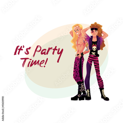 Glam rock party invitation, banner poster template with two young men in leather clothing, cartoon vector illustration. Glam rock party invitation banner, poster layout with rock star boys
