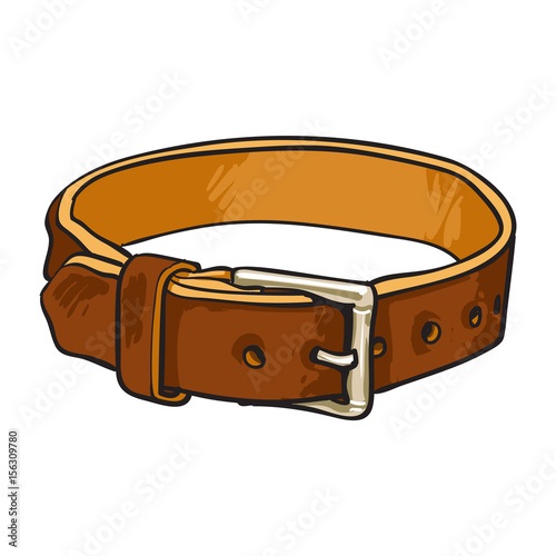 Pet, cat, dog brown leather collar with metal buckle, sketch vector illustration isolated on white background. Hand drawn pet, dog buckle collar made of thick brown leather