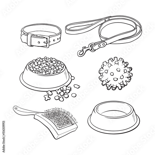 Set of pet, cat, dog accessories full and empty bowl, collar, leash, rubber ball, hairbrush, black and white sketch style vector illustration isolated on white background. Hand drawn pet accessories