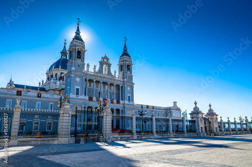 Low Angle View of Almudena Cathedral Against clear blue sky