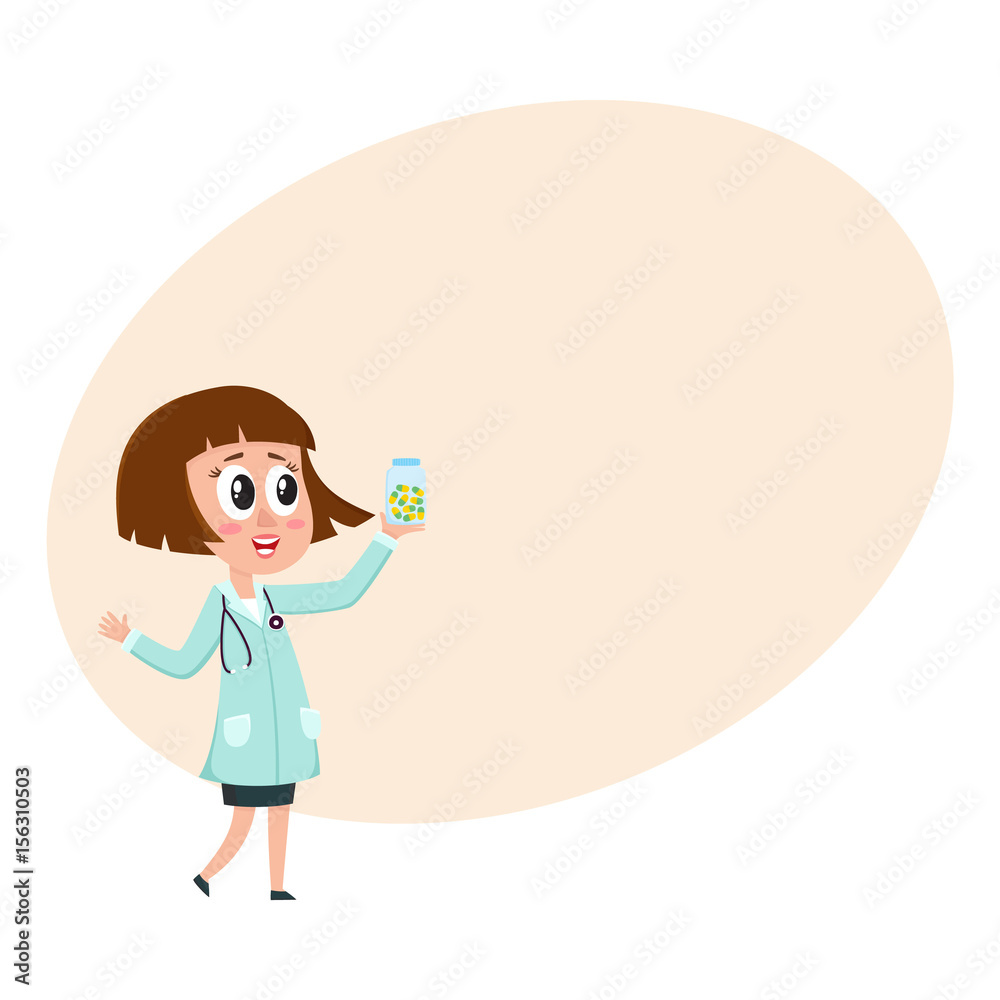 Comic woman doctor character with bob haircut holding bottle of pills, cartoon vector illustration with space for text. Full length portrait of funny woman doctor holding medicine bottle Comic woman doctor character with bob haircut holding bottle of pills, cartoon vector illustration with space for text. Full length portrait of funny woman doctor holding medicine bottle