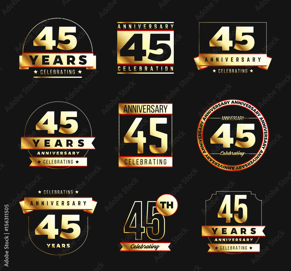 Naklejka premium 45th anniversary logo set with gold elements. Vector illustration.