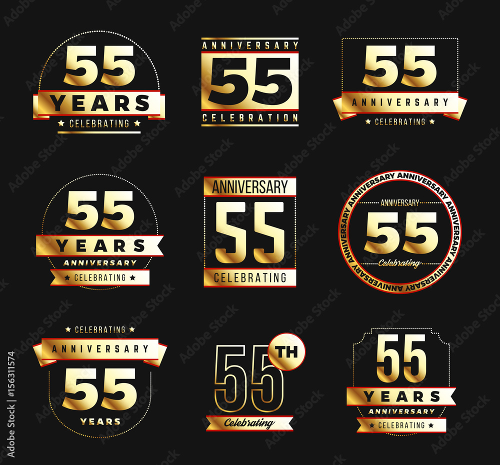55th anniversary logo set with gold elements. Vector illustration.