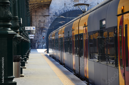 Sao Bento Station, Porto, Portugal, - 2nd May, 2017: Trains arriving at Sao Bento Station