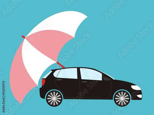 Blue umbrella protecting car, flat style. Safety, insurance, risk concept. Vector illustration