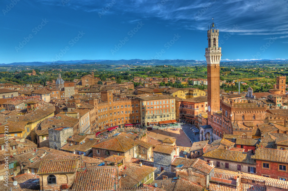 View of Piazza del Campo from Tower Facciatone of Sienna,  in Tuscany, Italy