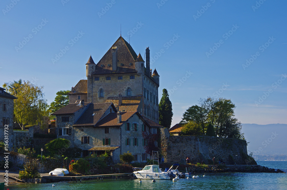 The Chateau d'Yvoire and the beautiful medieval garden town of Yvoire, France on Lac Leman