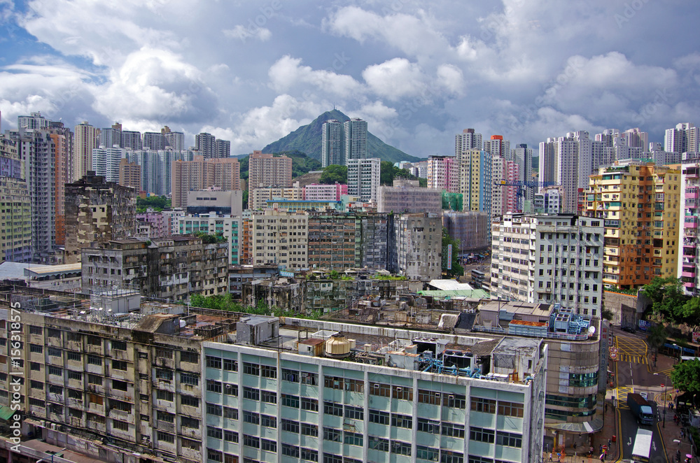 Aerial view of layered buildings in Kwun Tong, Hong Kong