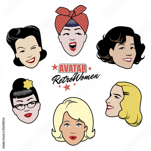 Avatars retro women. Set of six 40's or 50's style women's avatars