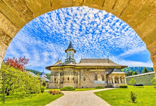 Sucevita orthodox painted church monastery, Suceava landmark, Moldavia, Bucovina, Romania photo
