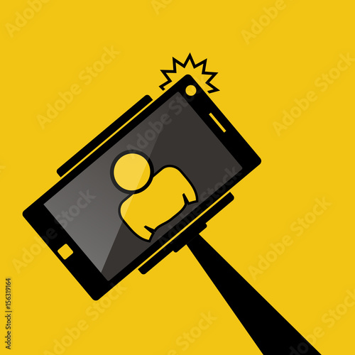 Selfie monopod stick symbol with smartphone with flash and man silhouette. black style. yellow background